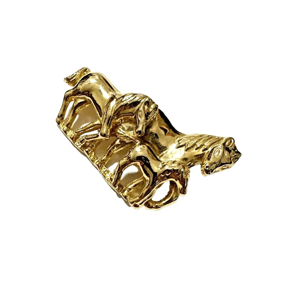 Vintage Horse Family Brooch Glossy Gold Tone Equestrian Statement Pin 2 1/2